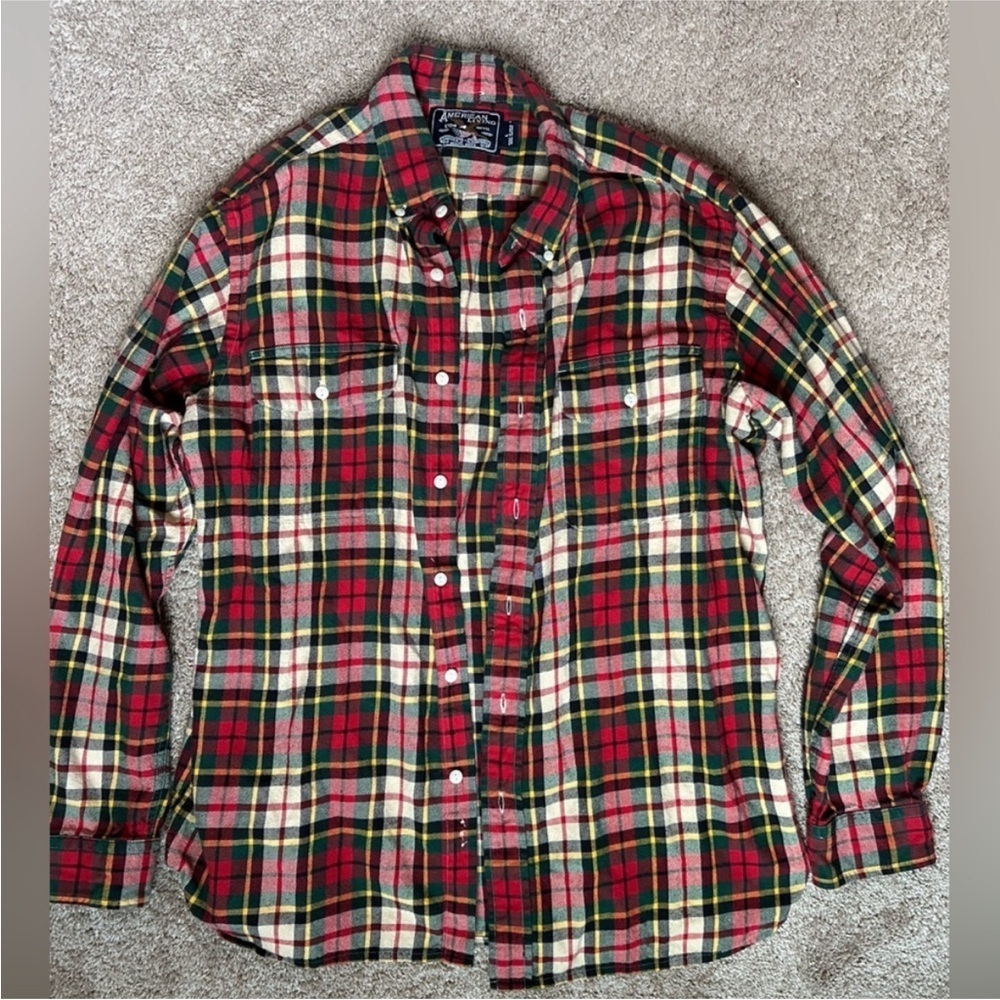 American Living Red Green Plaid Flannel Button-Down Shirt | Size Large
